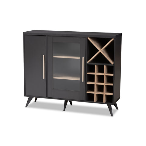 Image of BAXTON STUDIO PIETRO MID-CENTURY MODERN DARK GREY AND OAK FINISHED WINE CABINET