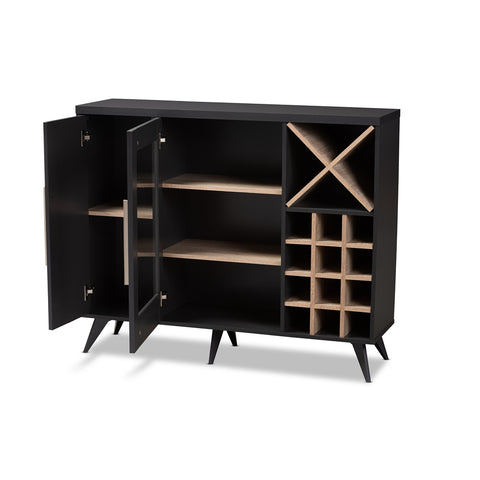 Image of BAXTON STUDIO PIETRO MID-CENTURY MODERN DARK GREY AND OAK FINISHED WINE CABINET