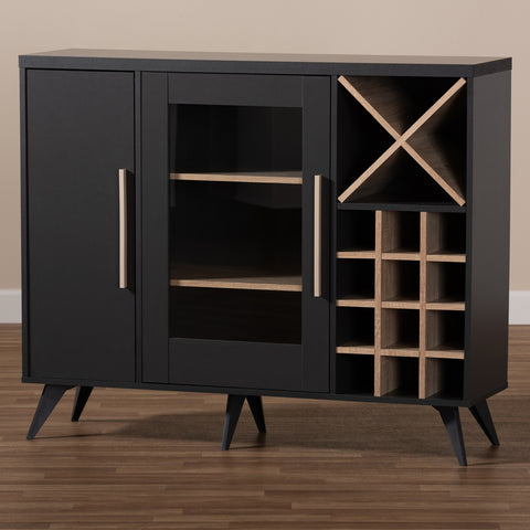 Image of BAXTON STUDIO PIETRO MID-CENTURY MODERN DARK GREY AND OAK FINISHED WINE CABINET