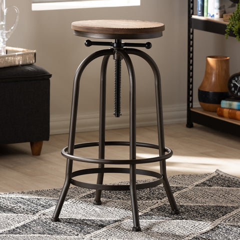 Image of BAXTON STUDIO ALINE VINTAGE RUSTIC INDUSTRIAL STYLE WOOD AND RUST-FINISHED STEEL ADJUSTABLE SWIVEL BAR STOOL