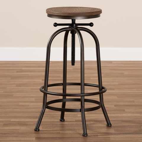 Image of BAXTON STUDIO ALINE VINTAGE RUSTIC INDUSTRIAL STYLE WOOD AND RUST-FINISHED STEEL ADJUSTABLE SWIVEL BAR STOOL