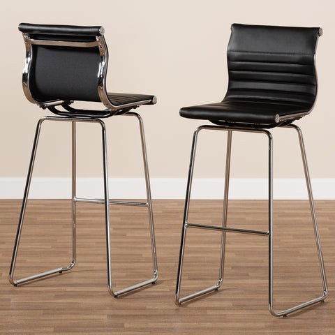 Image of BAXTON STUDIO GIORGIO MODERN AND CONTEMPORARY BLACK FAUX LEATHER UPHOLSTERED CHROME-FINISHED STEEL COUNTER STOOLS SET OF 2
