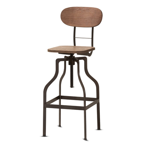 Image of BAXTON STUDIO VAREK VINTAGE RUSTIC INDUSTRIAL STYLE WOOD AND RUST-FINISHED STEEL ADJUSTABLE SWIVEL BAR STOOL