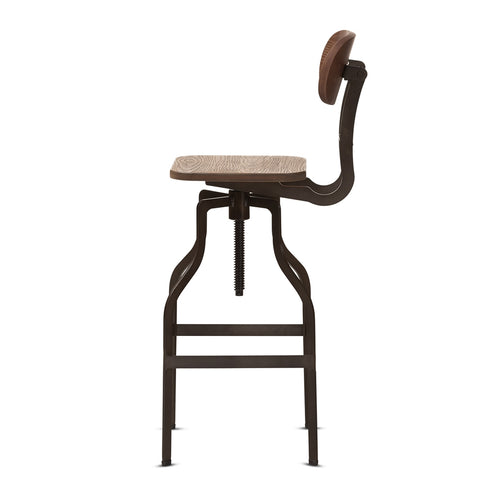 Image of BAXTON STUDIO VAREK VINTAGE RUSTIC INDUSTRIAL STYLE WOOD AND RUST-FINISHED STEEL ADJUSTABLE SWIVEL BAR STOOL