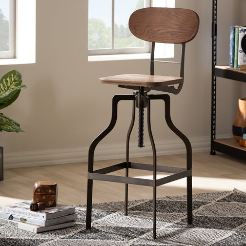 Image of BAXTON STUDIO VAREK VINTAGE RUSTIC INDUSTRIAL STYLE WOOD AND RUST-FINISHED STEEL ADJUSTABLE SWIVEL BAR STOOL