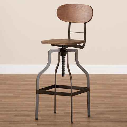 Image of BAXTON STUDIO VAREK VINTAGE RUSTIC INDUSTRIAL STYLE WOOD AND RUST-FINISHED STEEL ADJUSTABLE SWIVEL BAR STOOL