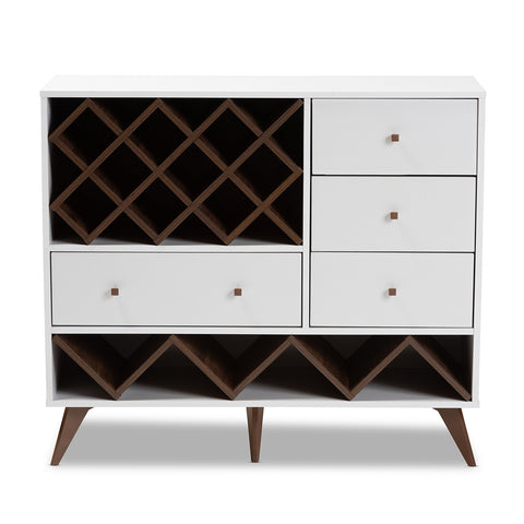 Image of BAXTON STUDIO SAVINO MID-CENTURY MODERN WHITE AND WALNUT FINISHED WOOD WINE CABINET