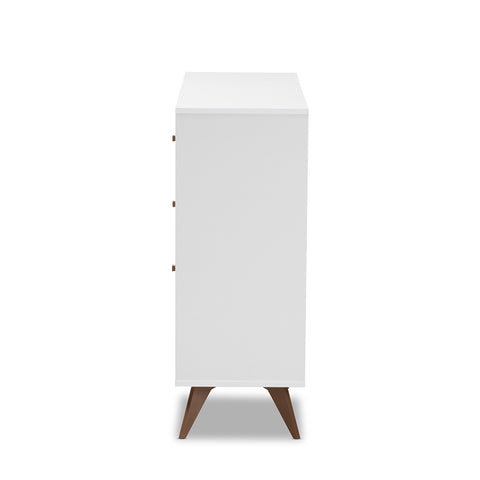 Image of BAXTON STUDIO SAVINO MID-CENTURY MODERN WHITE AND WALNUT FINISHED WOOD WINE CABINET