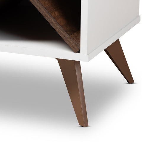 Image of BAXTON STUDIO SAVINO MID-CENTURY MODERN WHITE AND WALNUT FINISHED WOOD WINE CABINET