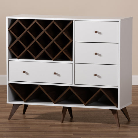 Image of BAXTON STUDIO SAVINO MID-CENTURY MODERN WHITE AND WALNUT FINISHED WOOD WINE CABINET