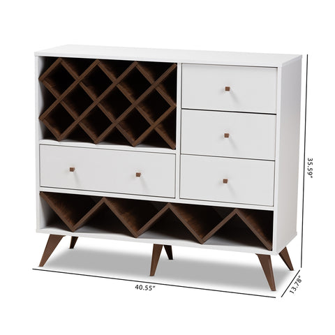 Image of BAXTON STUDIO SAVINO MID-CENTURY MODERN WHITE AND WALNUT FINISHED WOOD WINE CABINET