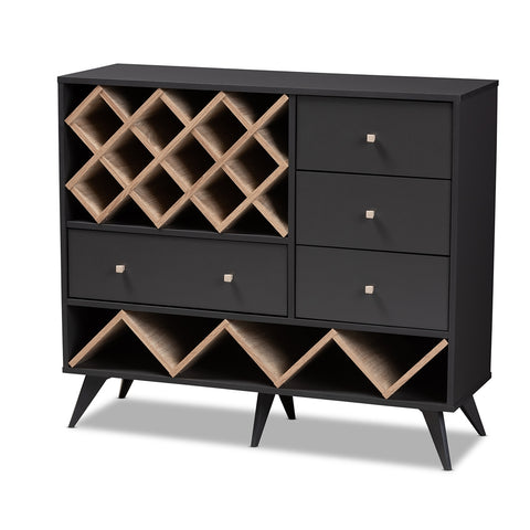 Image of BAXTON STUDIO SAVINO MID-CENTURY MODERN DARK GREY AND OAK FINISHED WOOD WINE CABINET