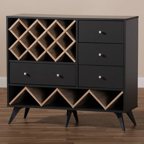 Image of BAXTON STUDIO SAVINO MID-CENTURY MODERN DARK GREY AND OAK FINISHED WOOD WINE CABINET