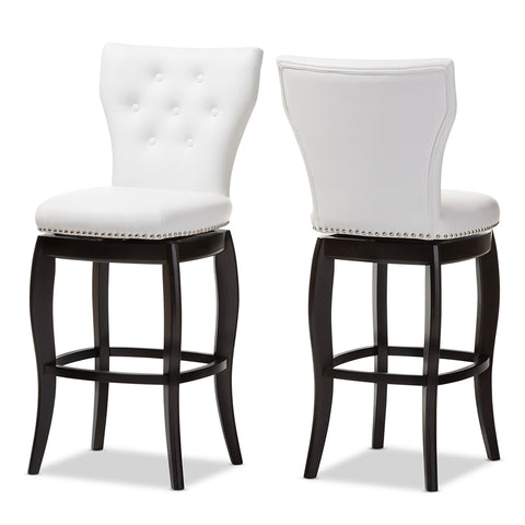 Image of BAXTON STUDIO LEONICE MODERN AND CONTEMPORARY WHITE FAUX LEATHER UPHOLSTERED BUTTON-TUFTED 29-INCH SWIVEL BAR STOOL