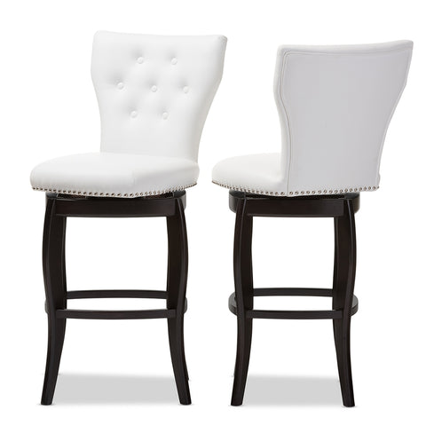 Image of BAXTON STUDIO LEONICE MODERN AND CONTEMPORARY WHITE FAUX LEATHER UPHOLSTERED BUTTON-TUFTED 29-INCH SWIVEL BAR STOOL