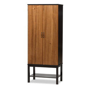 BAXTON STUDIO MARYA MID-CENTURY MODERN DARK BROWN AND WALNUT TWO-TONE SOLID RUBBERWOOD MDF VENEERED WINE CABINET