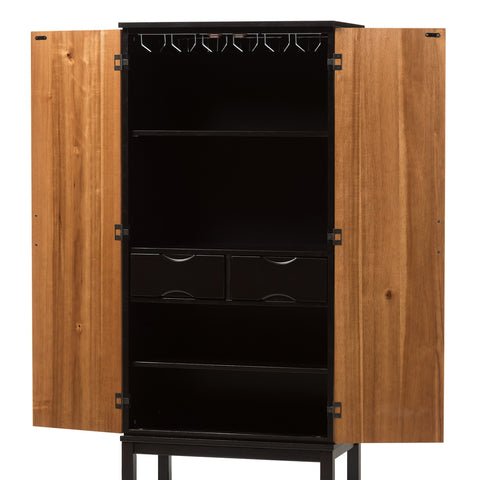 Image of BAXTON STUDIO MARYA MID-CENTURY MODERN DARK BROWN AND WALNUT TWO-TONE SOLID RUBBERWOOD MDF VENEERED WINE CABINET