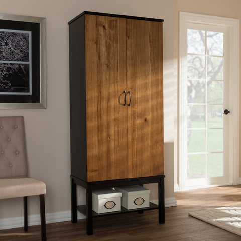 Image of BAXTON STUDIO MARYA MID-CENTURY MODERN DARK BROWN AND WALNUT TWO-TONE SOLID RUBBERWOOD MDF VENEERED WINE CABINET