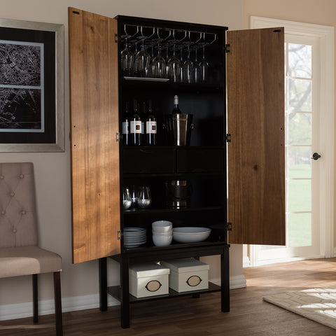 Image of BAXTON STUDIO MARYA MID-CENTURY MODERN DARK BROWN AND WALNUT TWO-TONE SOLID RUBBERWOOD MDF VENEERED WINE CABINET