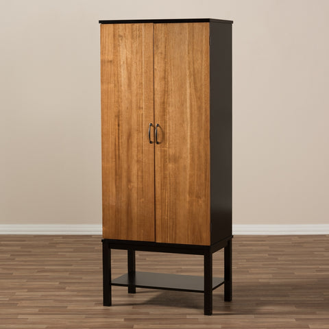 Image of BAXTON STUDIO MARYA MID-CENTURY MODERN DARK BROWN AND WALNUT TWO-TONE SOLID RUBBERWOOD MDF VENEERED WINE CABINET