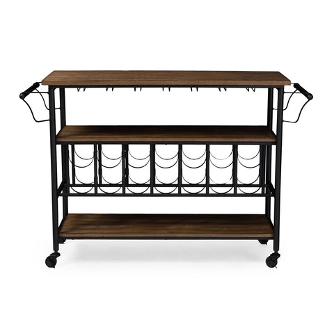 Image of BAXTON STUDIO BRADFORD RUSTIC INDUSTRIAL STYLE ANTIQUE BLACK TEXTURED FINISH METAL DISTRESSED WOOD MOBILE KITCHEN BAR SERVING WINE CART