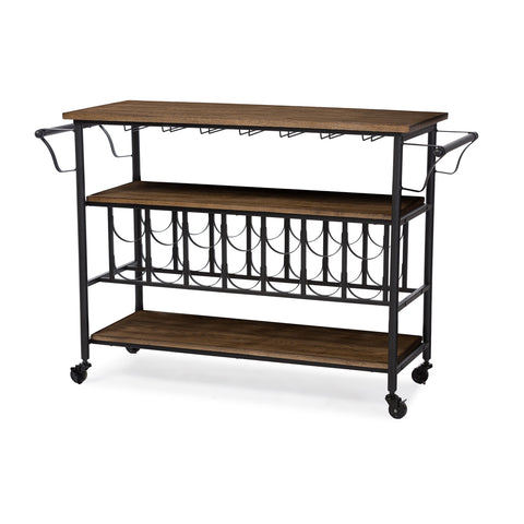 Image of BAXTON STUDIO BRADFORD RUSTIC INDUSTRIAL STYLE ANTIQUE BLACK TEXTURED FINISH METAL DISTRESSED WOOD MOBILE KITCHEN BAR SERVING WINE CART